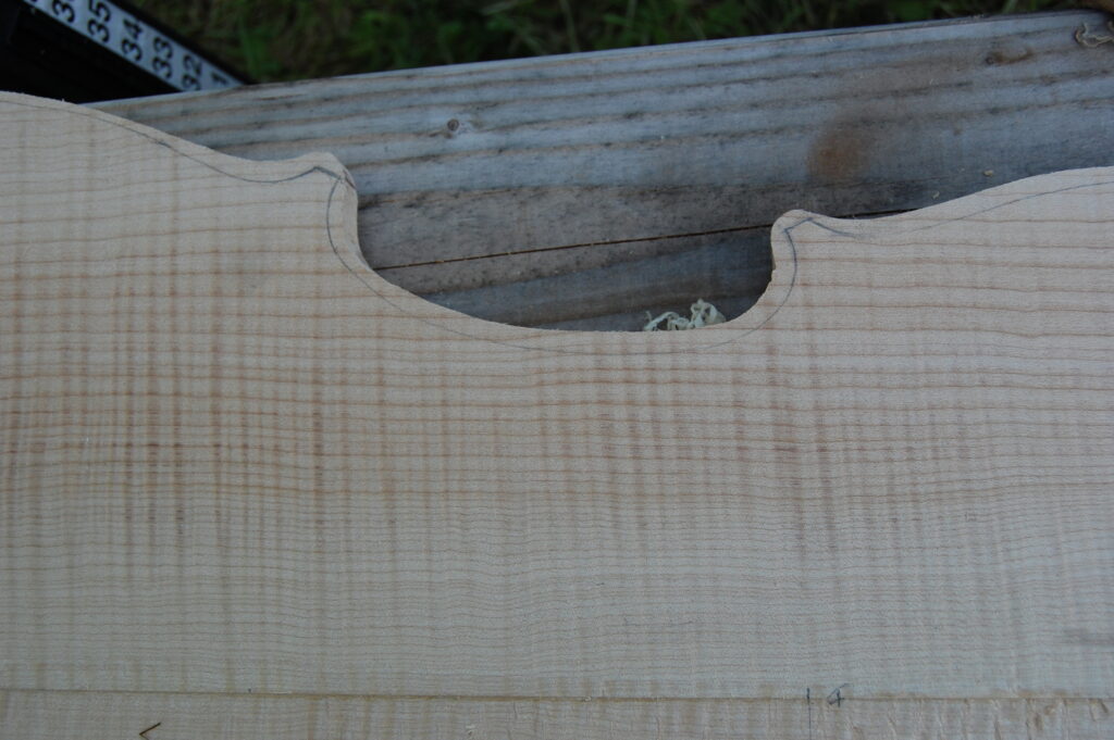 Final outline traced on Back Plate of cello by Chet Bishop, Luthier